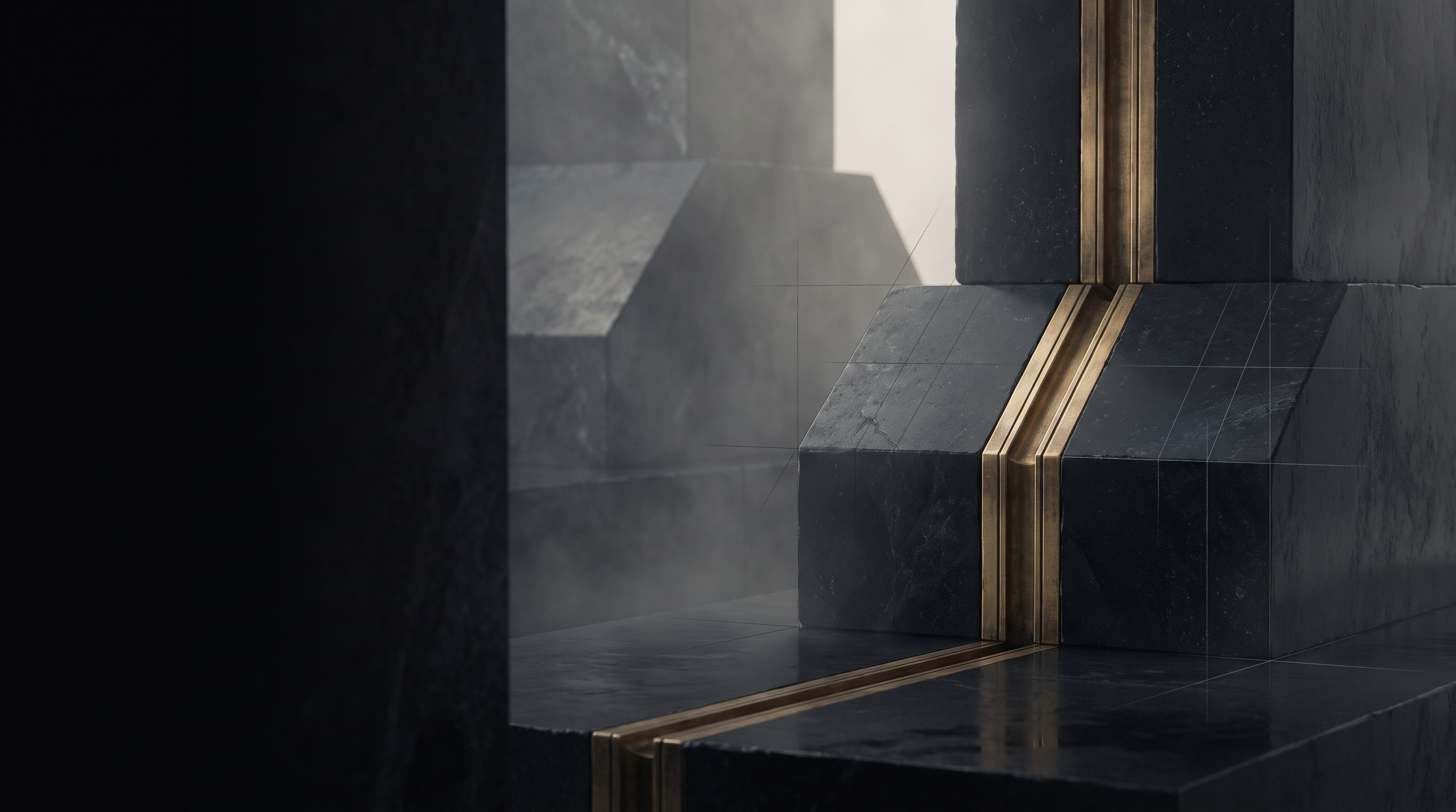 Obsidian architecture formed around a luminous brass path — Northshore Gen brand artwork